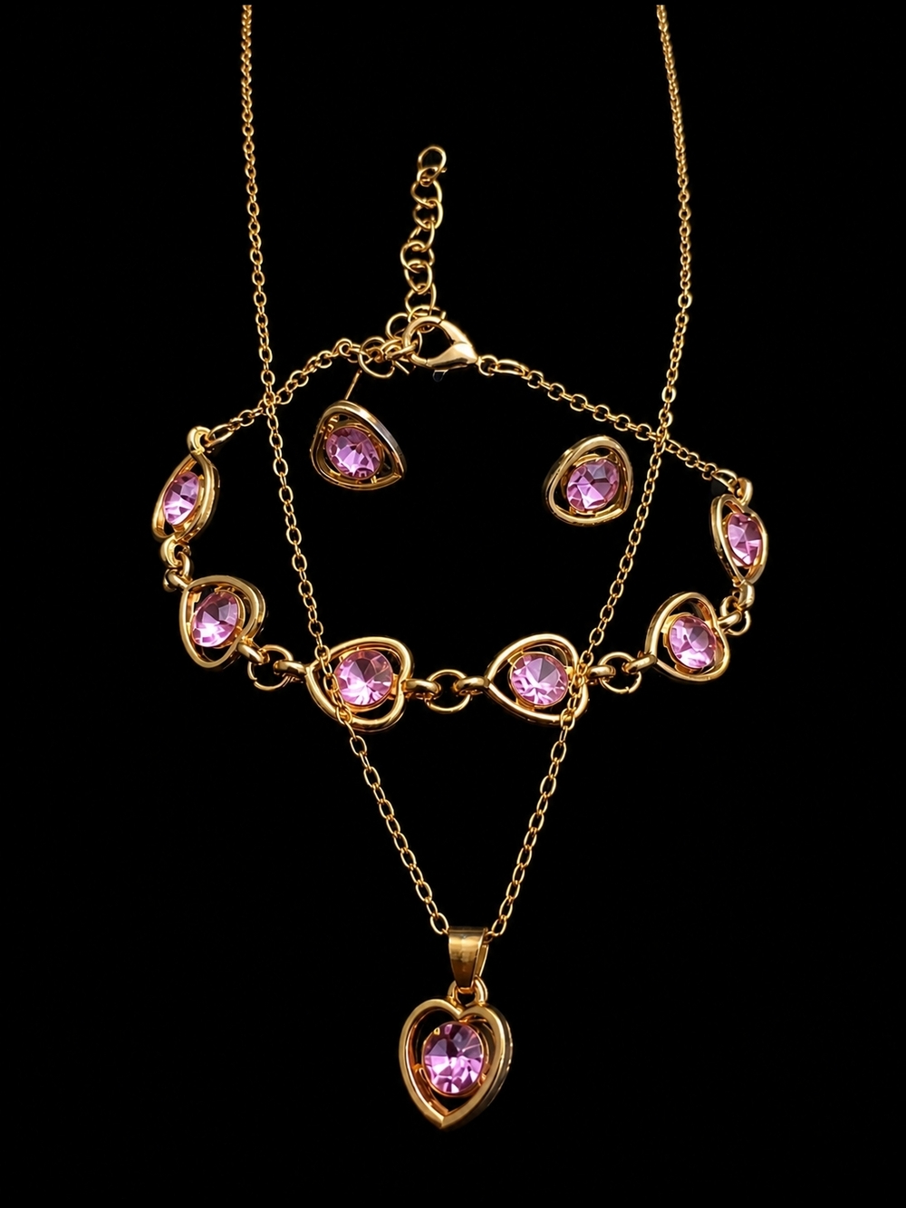 Gold Pink Heart Pendant Necklace Earrings Bracelet Set Women Jewelry - Picture 3 of 4